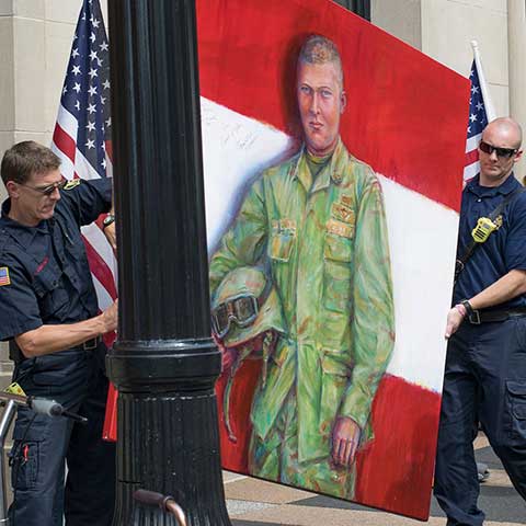 Hometown Hero arriving on site for ArtPrize Seven carried by GRFD