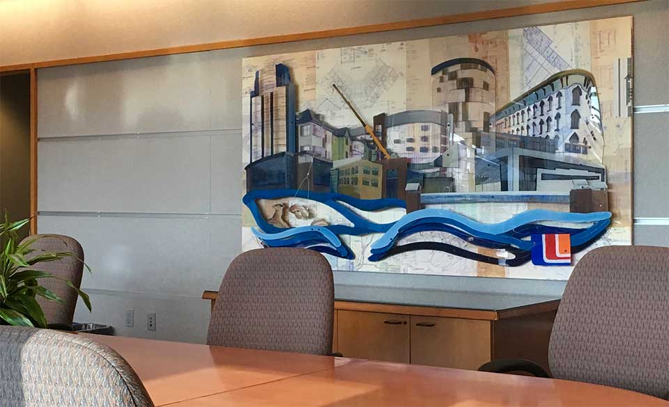 Cityscape commissioned art at Wolverine Building Group headquarters