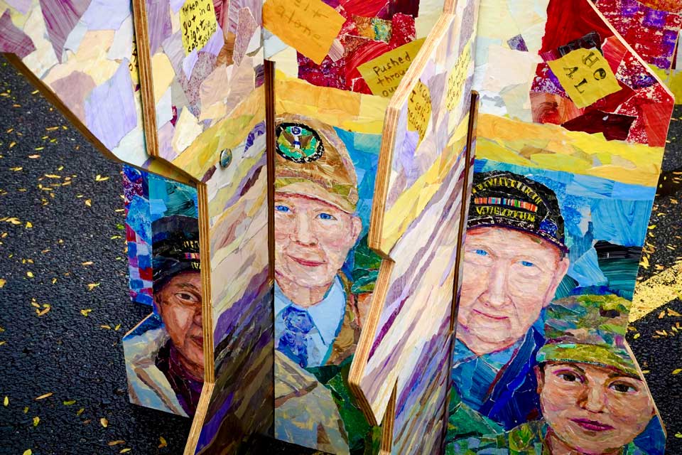 Detail of Pamela's plywood tree for Yellow Ribbon installation